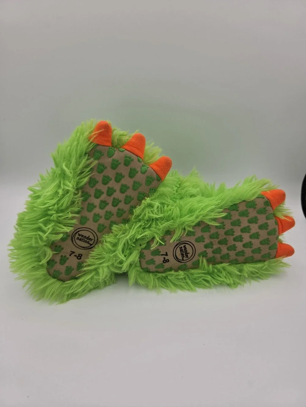Wonder Nation Monster Faux Fur Slip-On Bootie Slippers Green/Orange Size 7-8